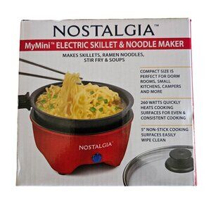 Nostalgia MyMini Electric Skillet & Noodle Maker Compact Size - 5" Nonstick Red